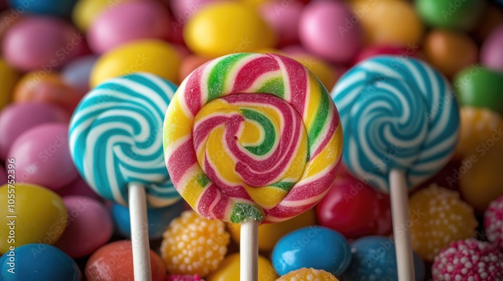 Poster three vibrant lollipops alongside a heap of assorted colorful candies