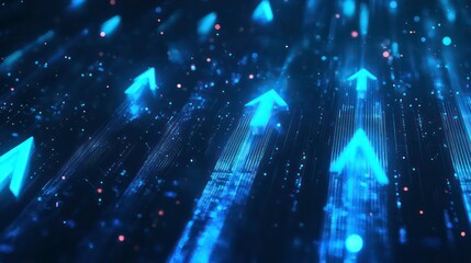 A digital abstract design featuring upward arrows and particles, symbolizing progress and growth.