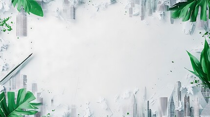 A creative background with urban elements and tropical leaves for design projects.
