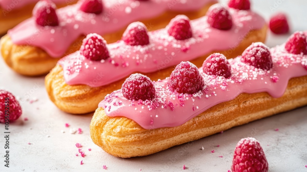 Poster assortment of delectable eclairs topped with pink raspberry glaze and sugar sprinkles on a light bac
