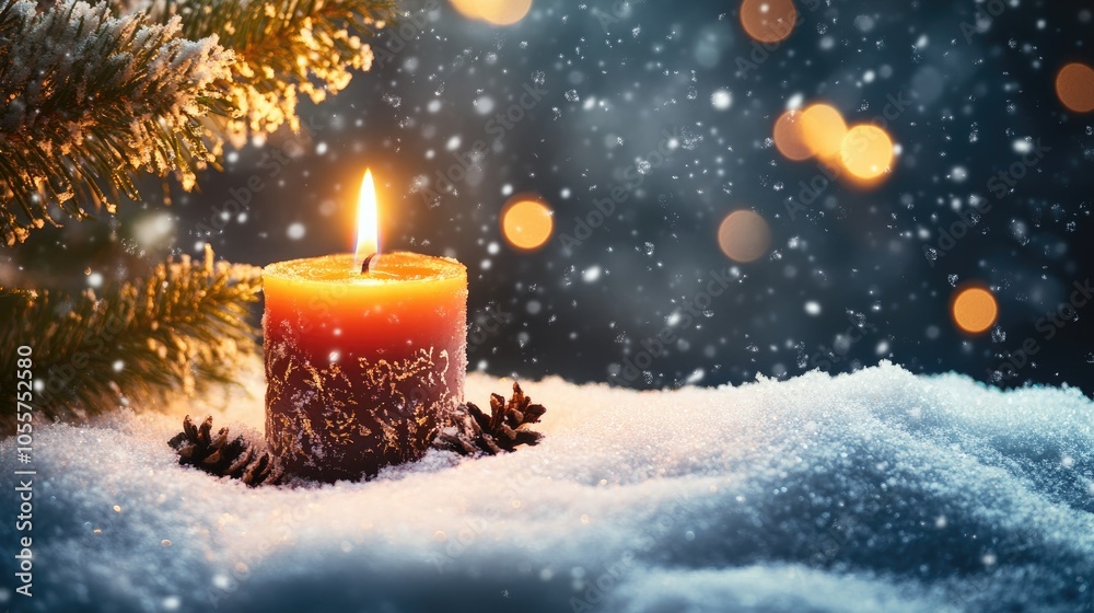 Poster festive candle surrounded by snow and a tree featuring ample copy space