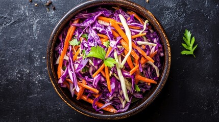 A vibrant bowl of coleslaw featuring purple cabbage orange carrots and fresh greens set against a dark backdrop captured from an overhead perspective