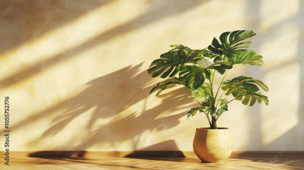 Poster Lush houseplant in a pot placed on a wooden floor next to a wall illuminated by sunlight casting shadows on a beige backdrop Vertical composition ideal for mockup presentations