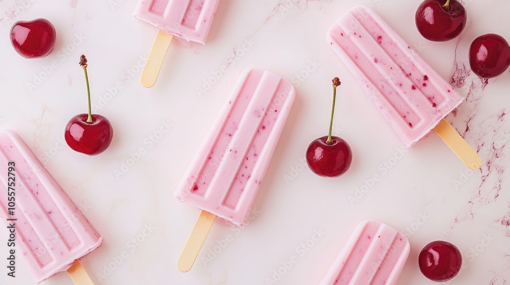 Aufkleber yogurt and cherry popsicles on a light background a delightful and refreshing summer treat