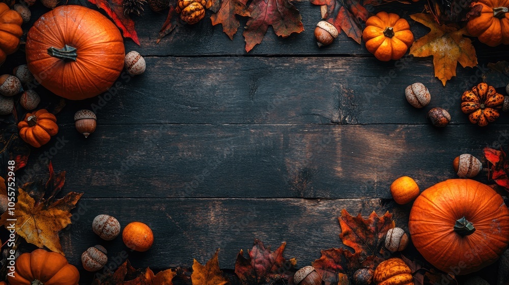 Poster autumn themed backdrop featuring pumpkins acorns and leaves arranged on a rustic wooden tabletop fro