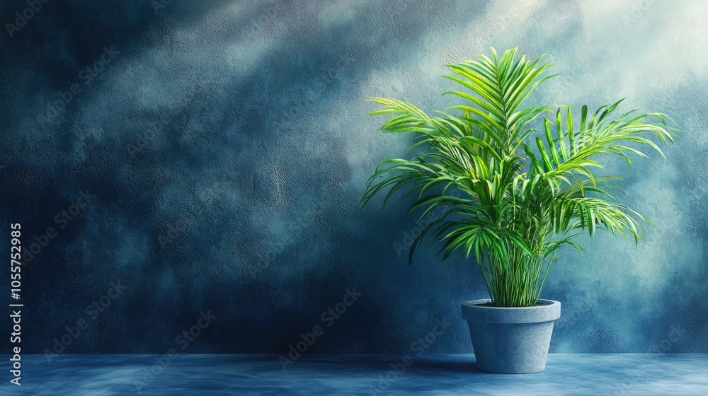 Poster A vibrant green plant in front of a calming blue concrete backdrop softly illuminated to create an enchanting atmosphere providing plenty of space for text