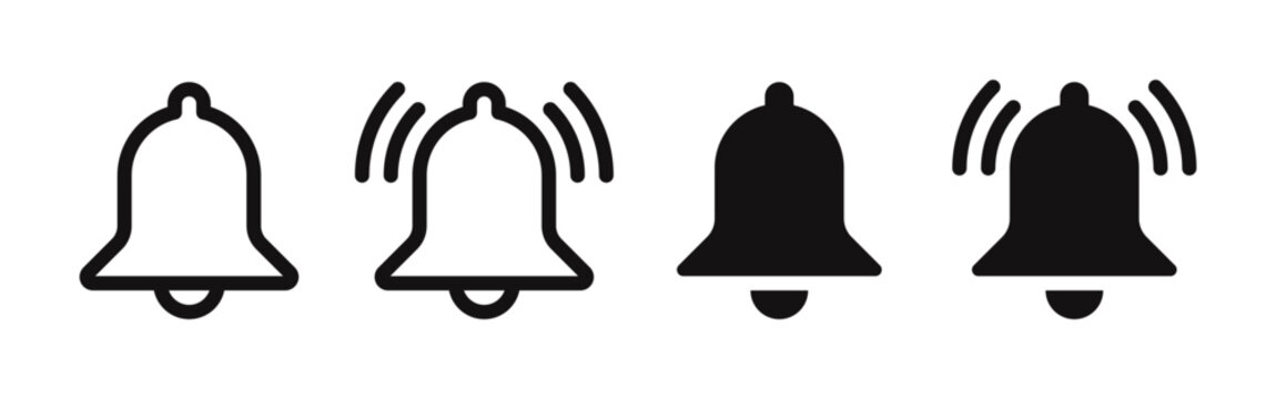 Notification bell icons set. Alarm symbol, incoming inbox message, ringing bells, alarm clock, smartphone application alert, social media element, new message symbol. Vector illustration.