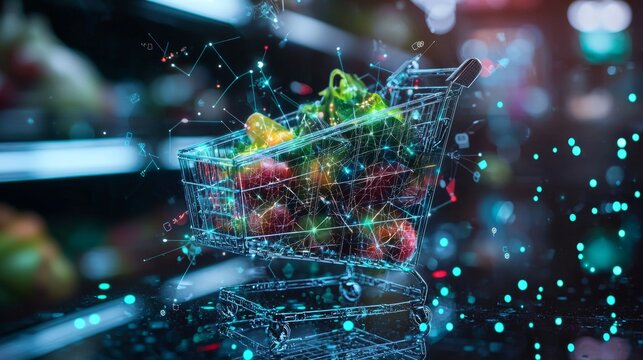 Shopping cart filled with groceries and digital network connections overlay - Powered by Adobe