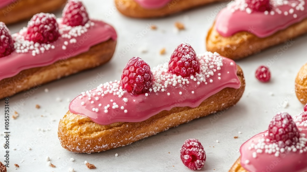 Poster assortment of delectable eclairs topped with pink raspberry glaze and sugar sprinkles on a light bac