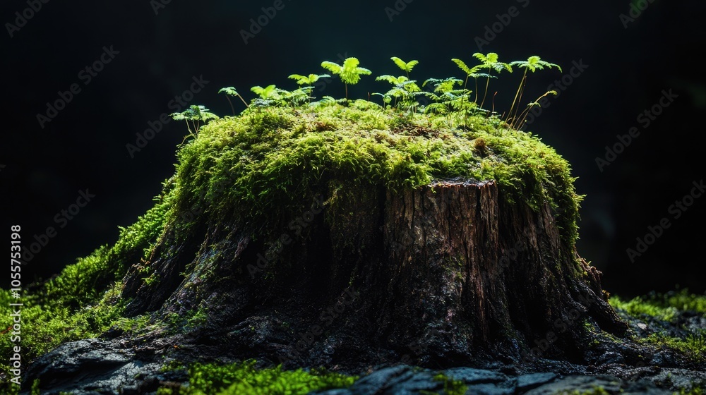 Poster Front view of a moss covered tree stump against a dark background