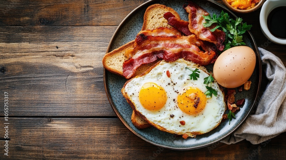 Aufkleber hearty breakfast arrangement on a large plate featuring eggs bacon and toast presented on a rustic w