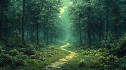 Obraz premium Serene forest path winding through lush greenery and mist.