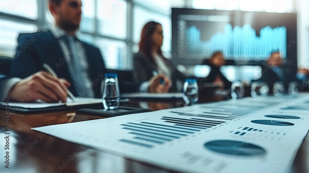 Aufkleber A business team in a conference room, discussing tax law updates with charts and graphs on a presentation screen in the background.
