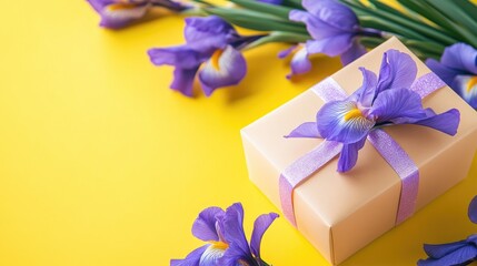 Vibrant irises on a sunny yellow spring backdrop perfect for celebrations featuring a gift box for greeting occasions like Mother s Day or Easter