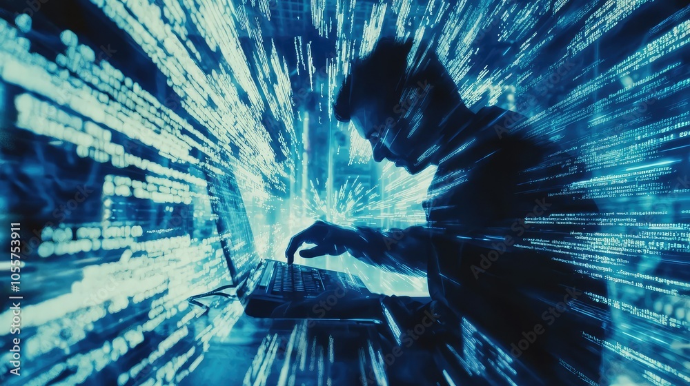 Poster dynamic hacker typing code rapidly in dark environment