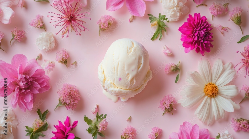 Poster minimalist arrangement featuring artistic ice cream surrounded by vibrant flowers on soft pastel pap