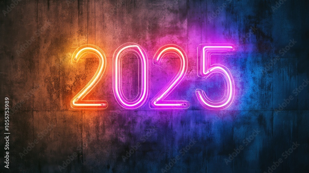 Aufkleber Neon sign displaying the number 2025 against a dark backdrop representing the arrival of a new year