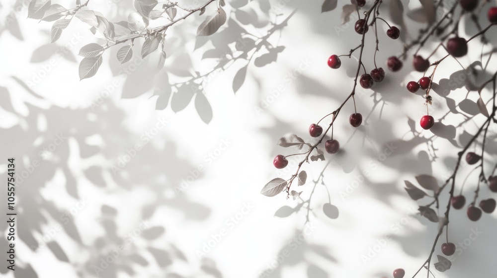 Poster Soft overlay blur enhances a natural light image featuring gray shadows of cherry tree branches and cherries against a white backdrop Abstract neutral nature concept for design use