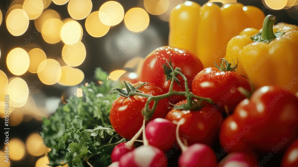 Poster close up of fresh tomatoes peppers and radishes featuring a bokeh light effect a vibrant and healthy