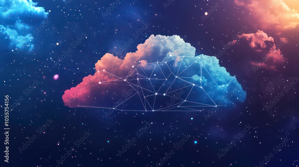 Poster a stylized cloud in space with a network of stars, blending cosmic and digital themes.