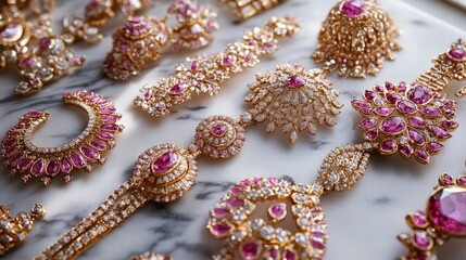 Fototapeta premium Intricate jewelry design featuring an array of gold and pink gemstones along with diamonds and rubies displayed on a marble surface