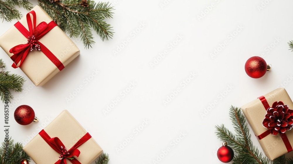 Poster christmas composition featuring gifts fir tree branches and red decorations on a white background co