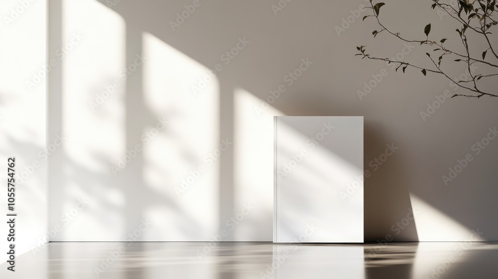 Poster A sleek and minimalistic brochure mockup is displayed upright on a polished surface featuring gentle shadows created by soft natural light