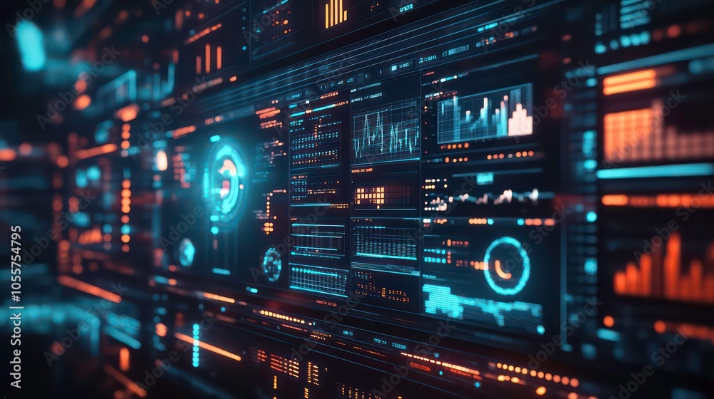 Poster Futuristic interface displaying data analytics and visualizations.
