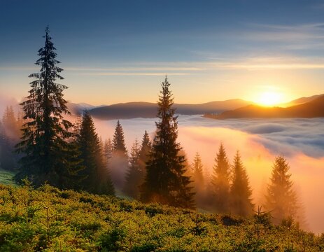 View from above of dark moody pine trees in spruce foggy forest with bright sunrise rays shining through branches in autumn mountains.