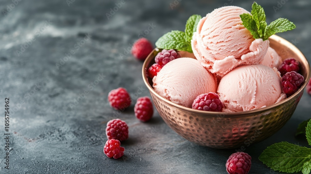 Aufkleber raspberry ice cream scoops in a copper bowl adorned with forest berries and mint a summer food theme