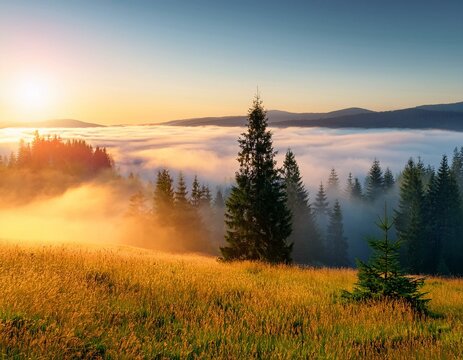 View from above of dark moody pine trees in spruce foggy forest with bright sunrise rays shining through branches in autumn mountains. - Powered by Adobe