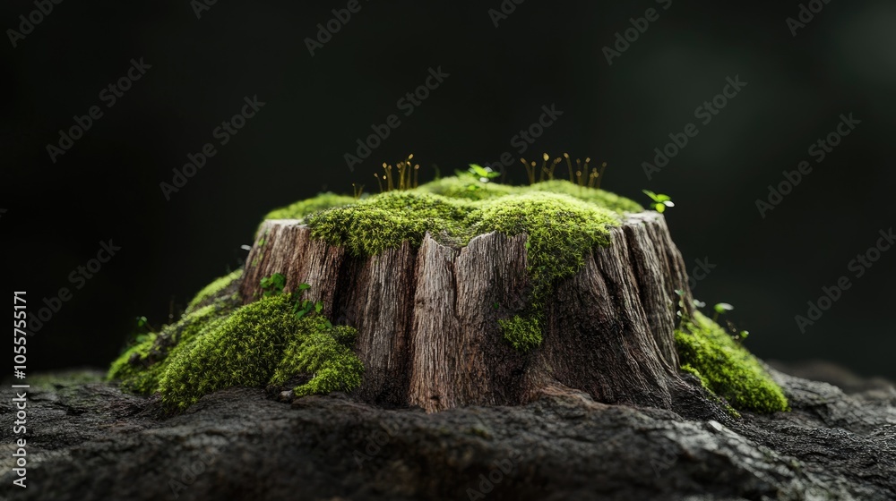 Poster front view of a moss covered tree stump against a dark background