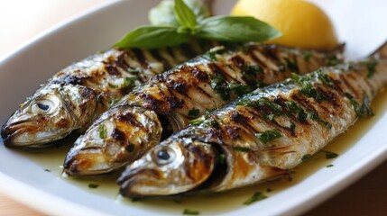 Grilled sardines with basil and lemons