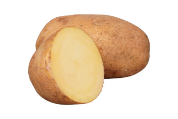A whole raw potato with another potato cut in half isolated transparent