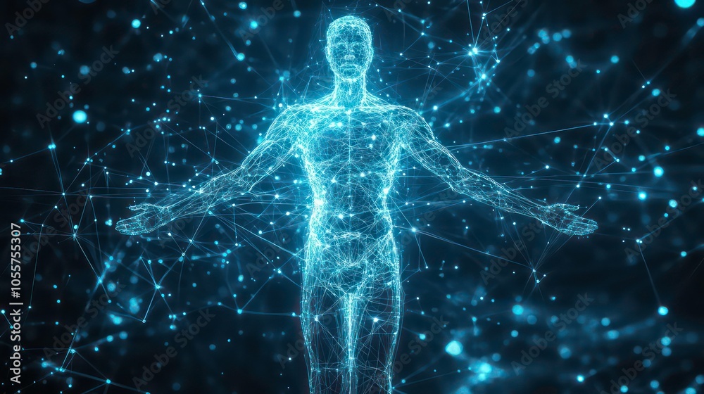 Aufkleber A digital representation of a human figure surrounded by interconnected data points.