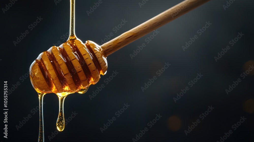 Aufkleber honey dripping from a wooden dipper against a dark background a sweet natural product ideal for your