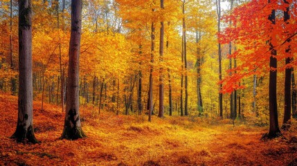 Obraz premium Autumn forest showcasing vibrant orange and yellow foliage