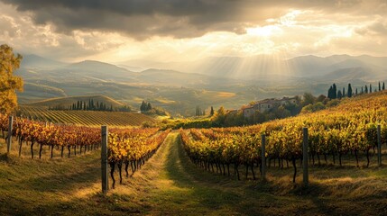 Fototapeta premium A breathtaking panorama of a vibrant fertile vineyard
