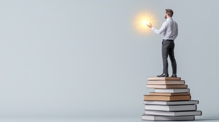 Fototapeta premium A professional man stands on a stack of books, holding a glowing object, symbolizing knowledge, success, and enlightenment.