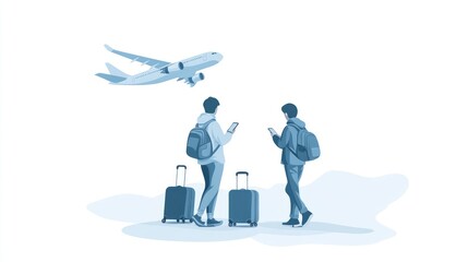 Flat UI Illustration of Online Travel Booking with Laptop, Airplane, and Business Casual Style