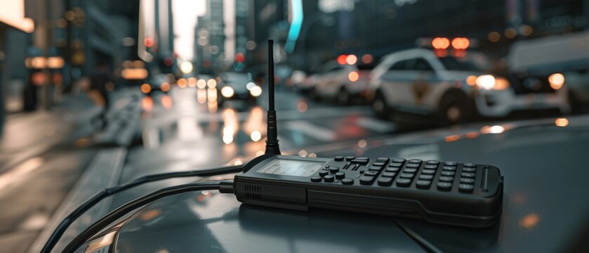 A police radio lies on a car roof, against a backdrop of blurred city lights and busy streets at dusk, hinting at urban vigilance.