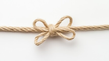 Close up of twine or string knotted in a bow against a clean white background