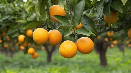 Branch of orange tree laden with ripe fruits in a fruit orchard