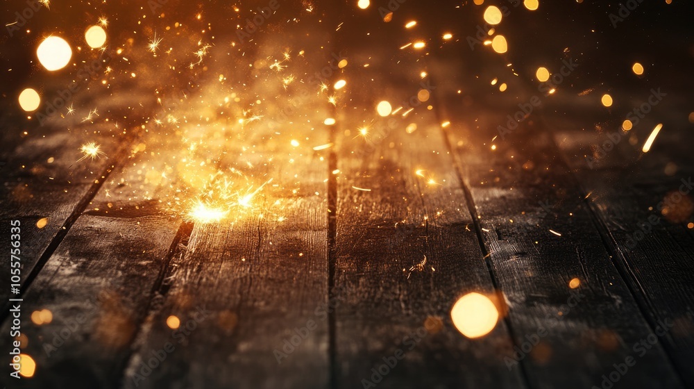 Poster bokeh effect with golden light flares and sparkler on a rustic wooden surface for a festive celebrat