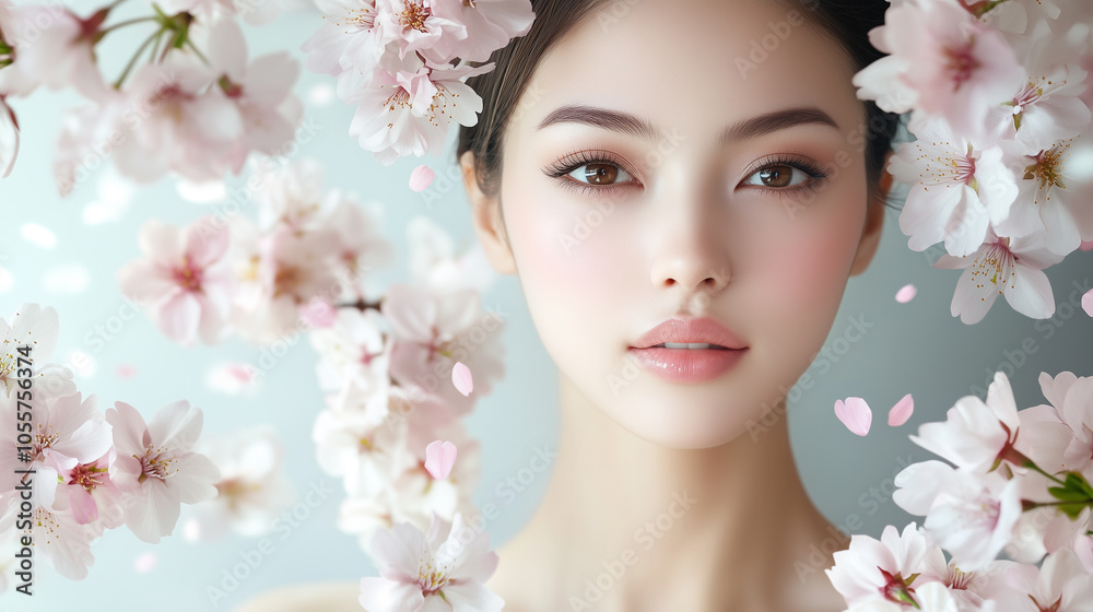 Poster 美肌の若くて可愛いアジア人女性の美容ポートレート。ピンク色の綺麗な桜に囲まれたビューティーショット。