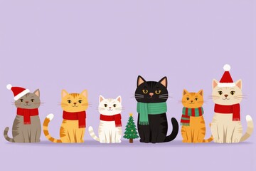 Fototapeta premium Adorable christmas cats in festive hats and scarves celebrating the holiday season