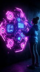Obraz premium Person interacting with futuristic digital interface in neon colors.