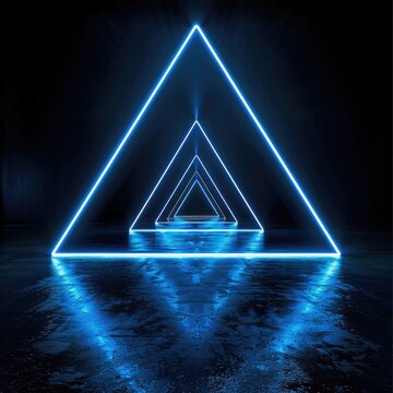 A blue neon triangle repeating into the distance against a black background.