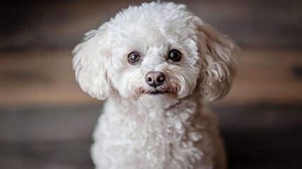 A white toy poodle gazing directly at the camera