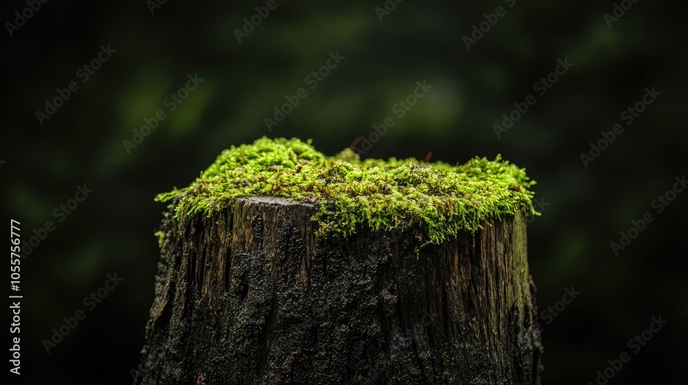 Poster front view of a moss covered tree stump against a dark background
